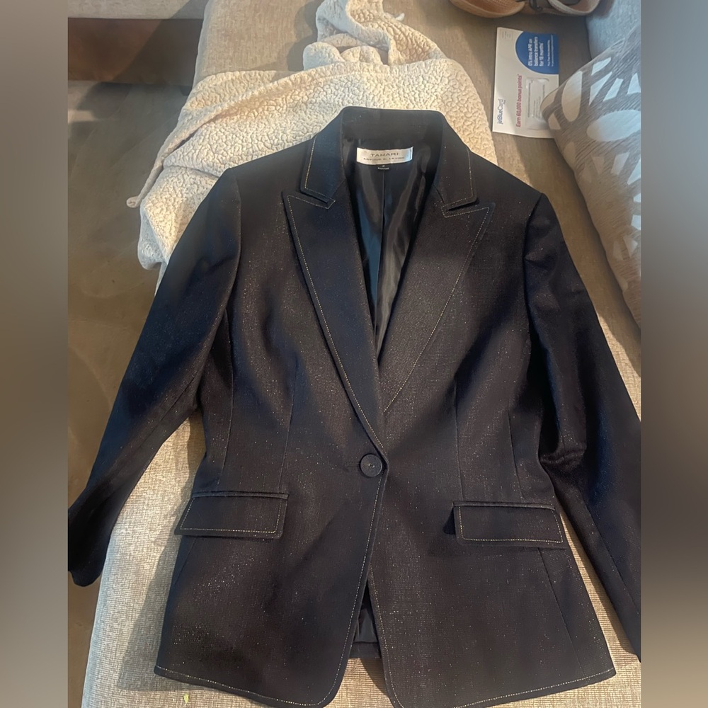 Tahari Black Blazer and matching suit pants with Subtle Shine one-button blazer